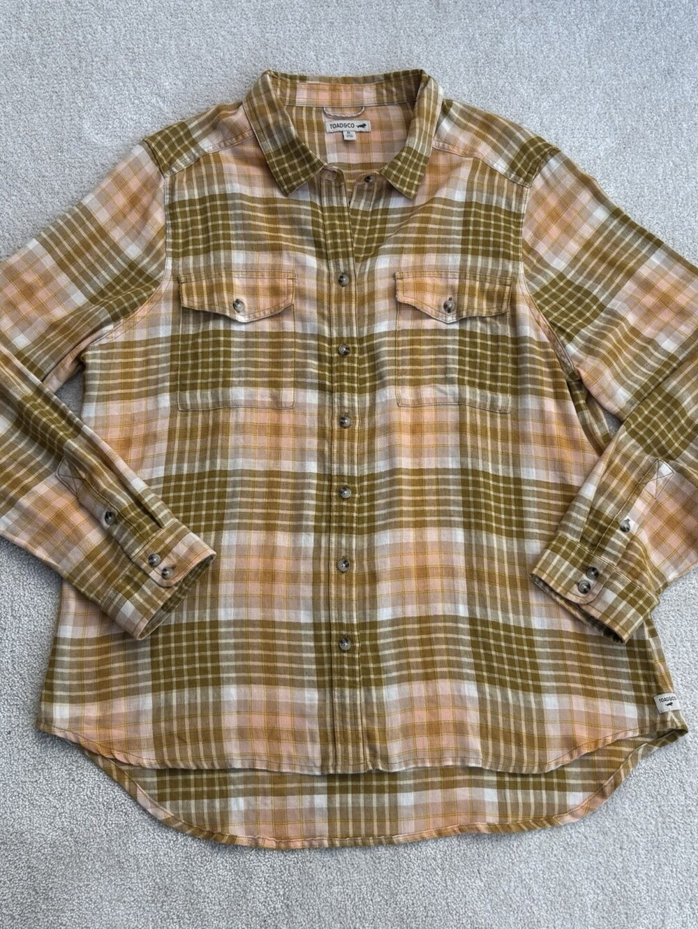 Toad & Co Flannel Button Up Long Sleeve Chartreuse, Mustard, Coral Pink Plaid